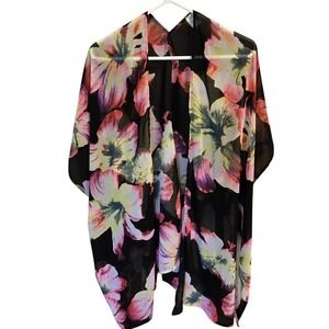 Black Bead Black Floral Kimono Cover Up Fits S-XL  EUC
